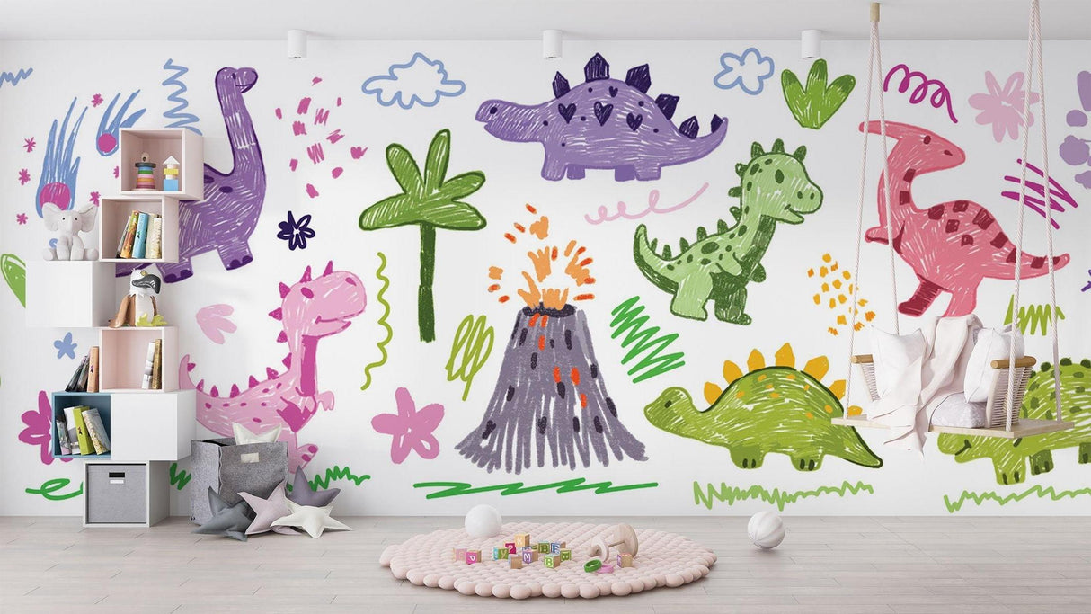 Kids bedroom showcase with playful dinosaur wallpaper creating happy atmosphere