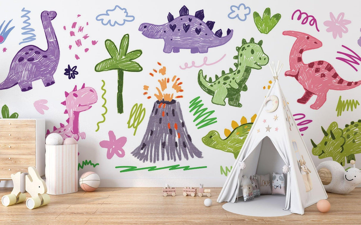 Playroom featuring cheerful dinosaur mural with volcano and palm trees