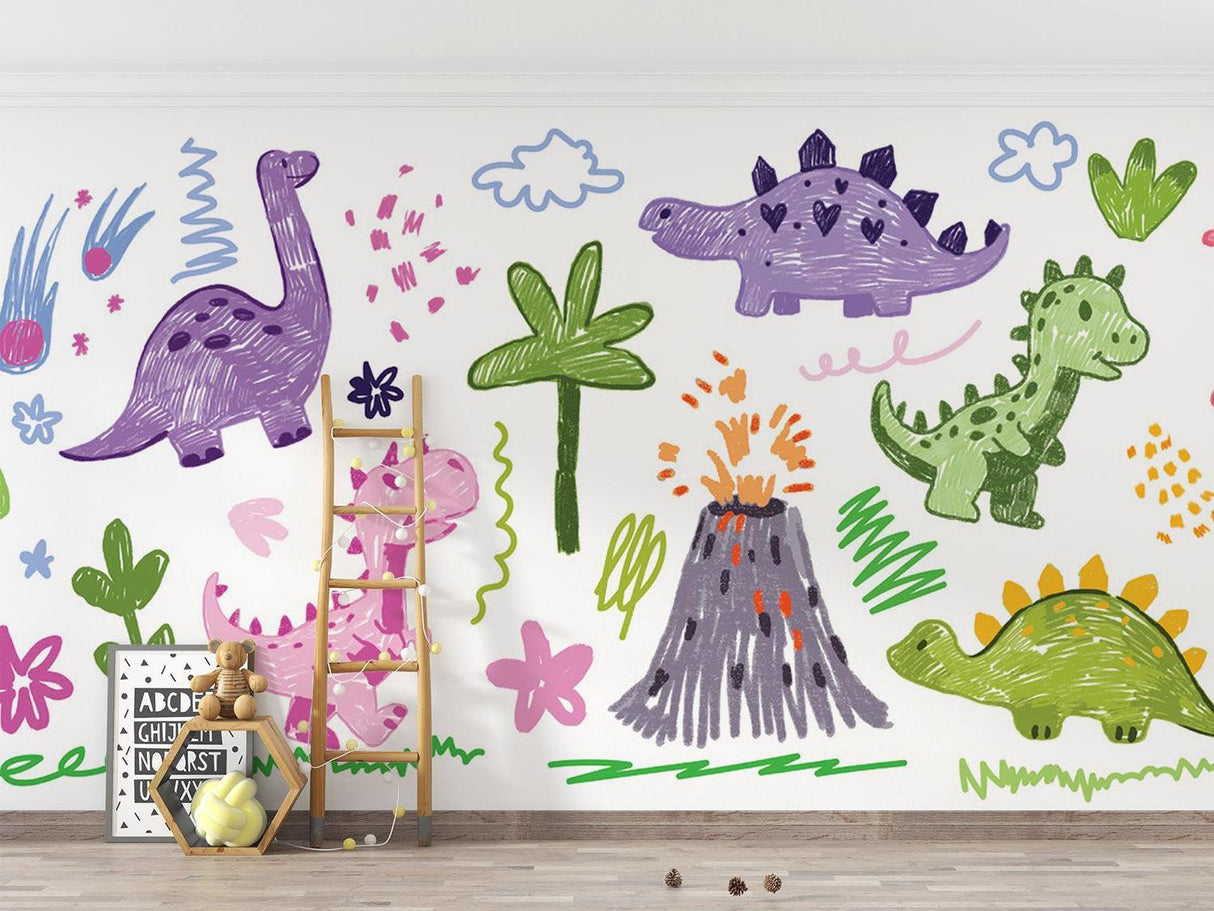 Reading nook with cute dinosaur wallpaper making storytime special
