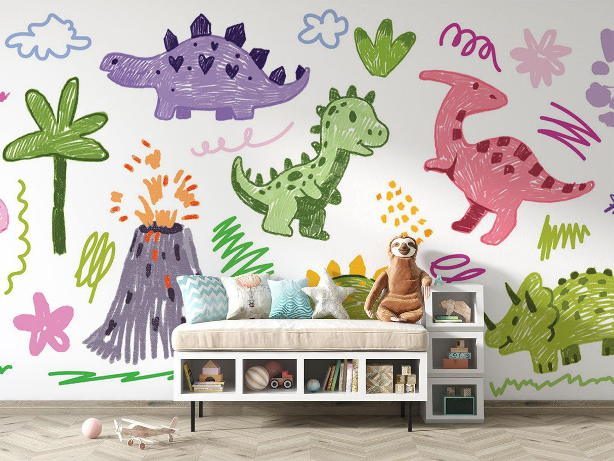 Daycare room transformed with friendly dinosaur wall art