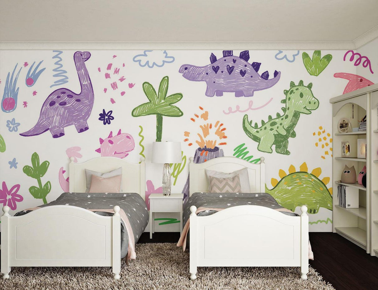 Child's study area with engaging dinosaur doodle mural