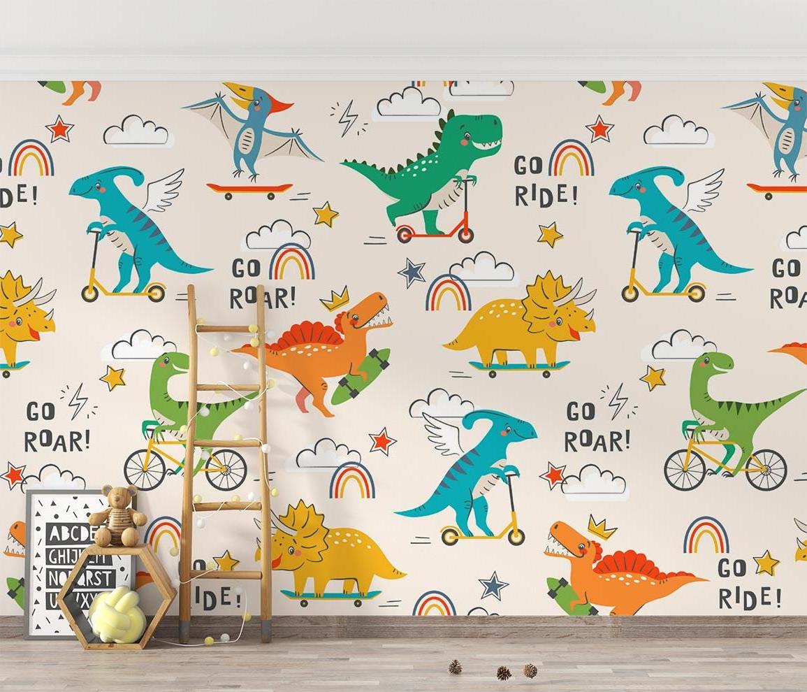 Kids bedroom featuring colorful dinosaur wallpaper with sporty theme and rainbow accents
