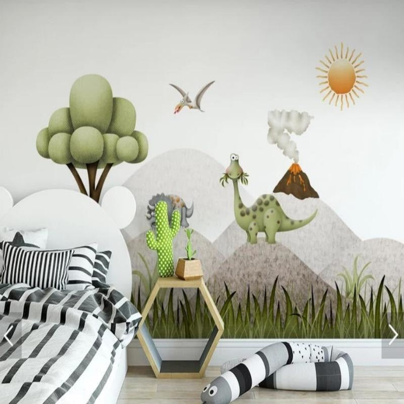Prehistoric wallpaper mural showcased in a playroom with natural light and modern furniture