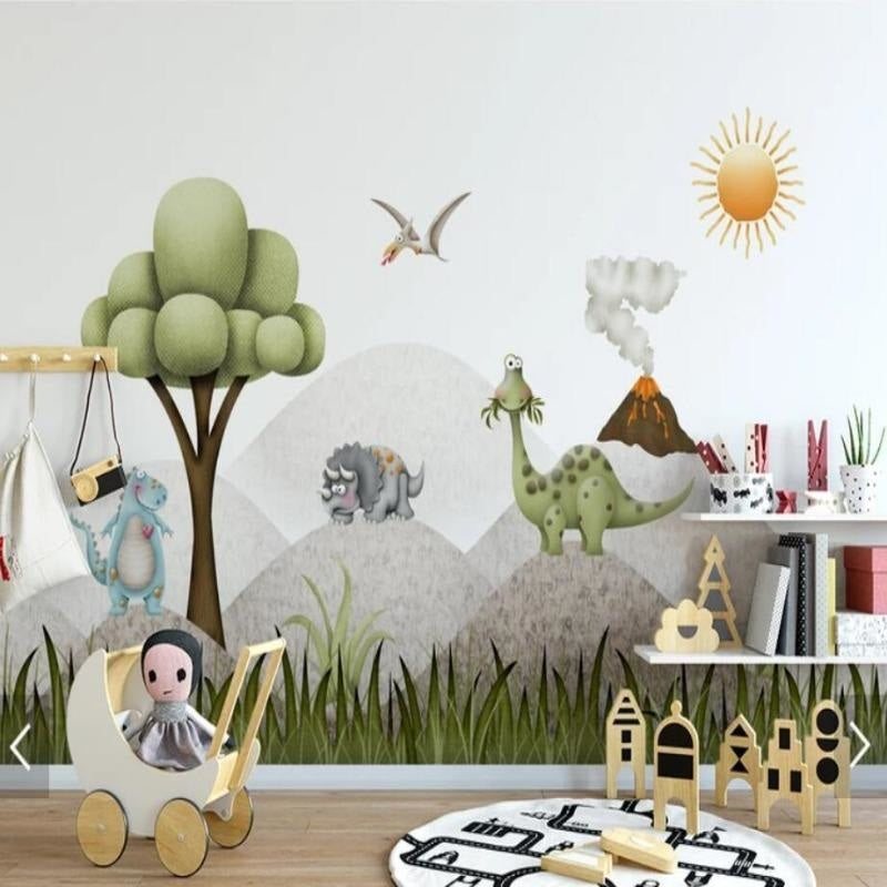 Kids dinosaur wallpaper creating an engaging atmosphere in a cozy reading nook