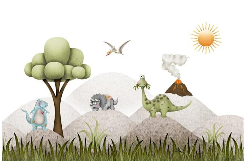 Dinosaur wallpaper design file showing detailed prehistoric landscape with volcano and friendly characters