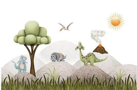 Dinosaur wallpaper design file showing detailed prehistoric landscape with volcano and friendly characters