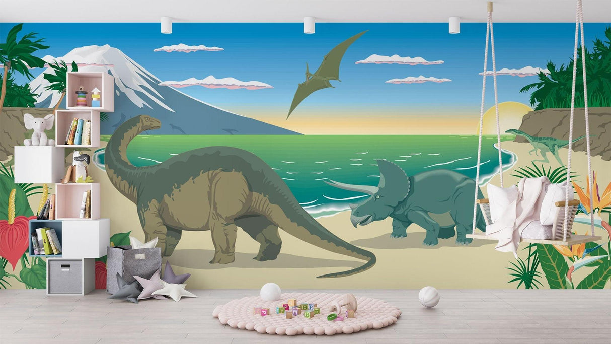 Dinosaur beach wallpaper in modern kids bedroom showing Brachiosaurus by the coastline