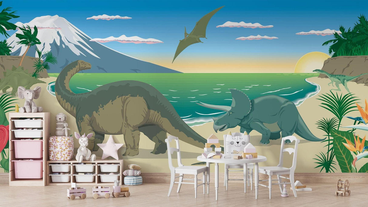 Prehistoric beach mural in playroom with mountain backdrop and dinosaurs