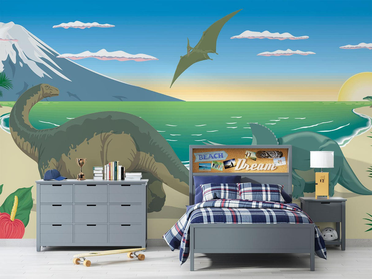 Study area with prehistoric beach wallpaper showing flying Pteranodon