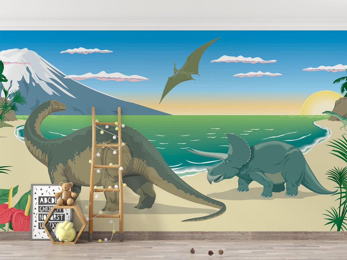 Game room decorated with dinosaur beach scene wallpaper and mountain backdrop
