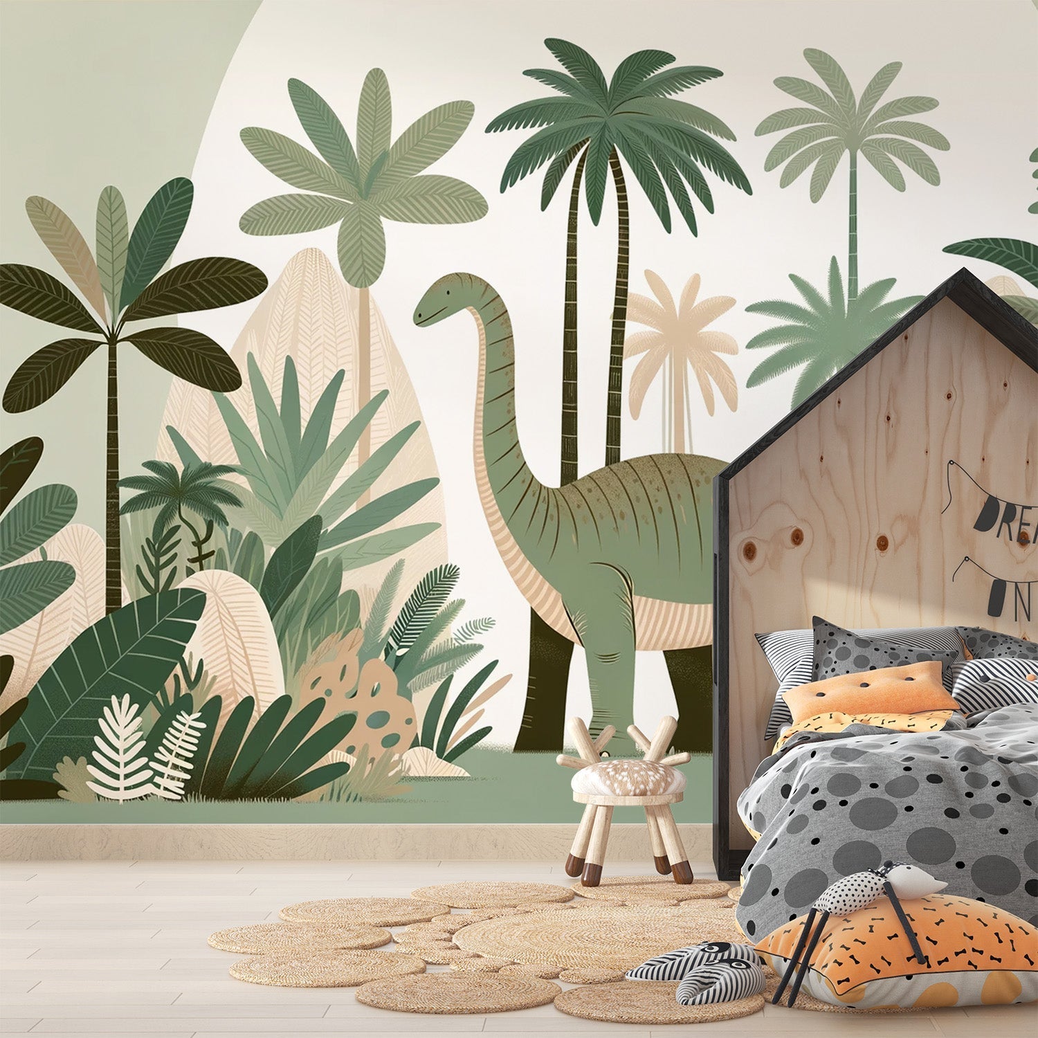 Dinosaur mural wallpaper with gentle Diplodocus creating a magical atmosphere in a modern kids bedroom