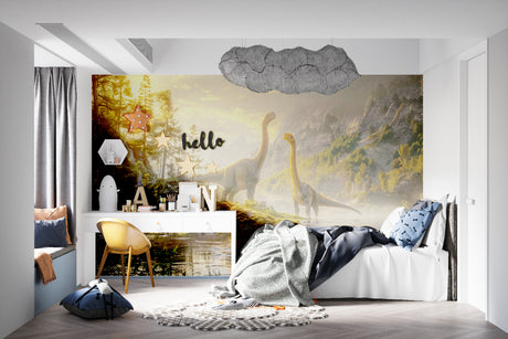 Dinosaur landscape wallpaper creating magic in a modern kids bedroom with soft sunset glow