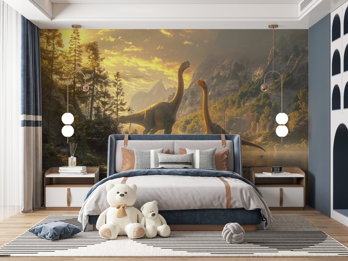 Prehistoric sunset mural bringing warmth to a cozy playroom setting