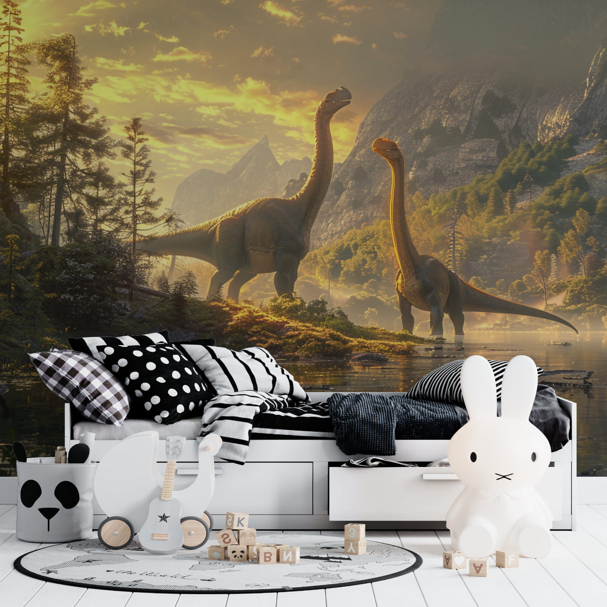 Dinosaur wall mural showcased in a bright home office space