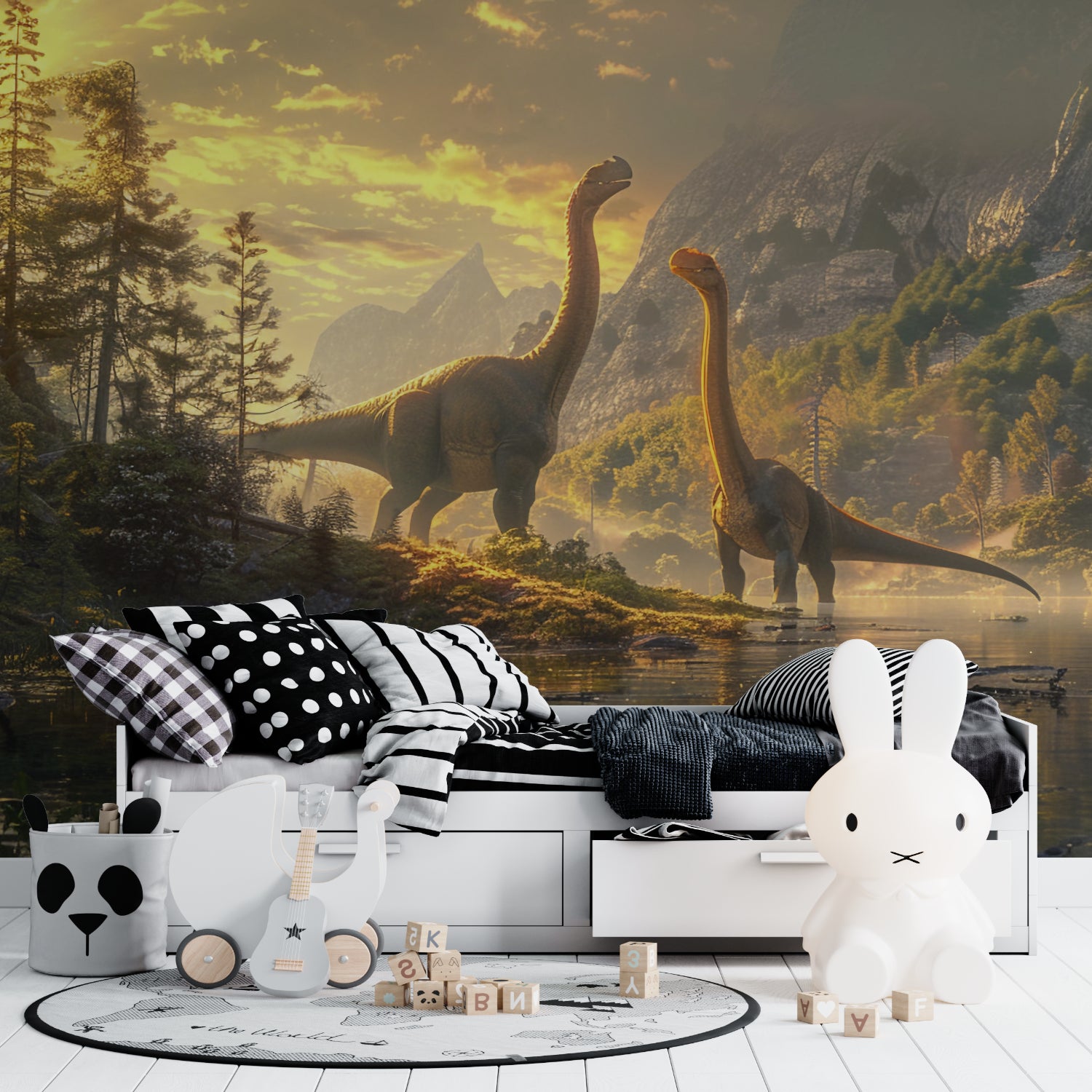 Dinosaur wall mural showcased in a bright home office space