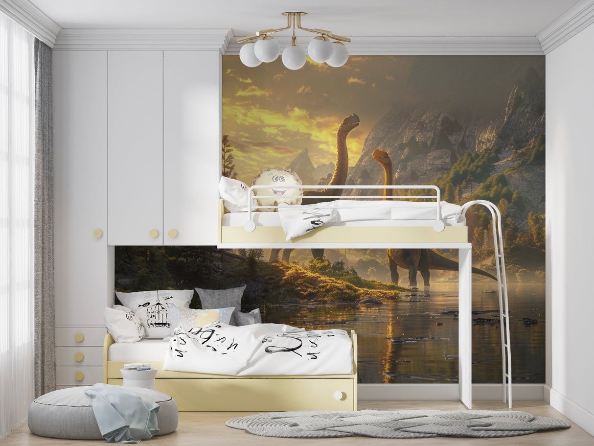Sunset dinosaur wallpaper display in a modern nursery setting