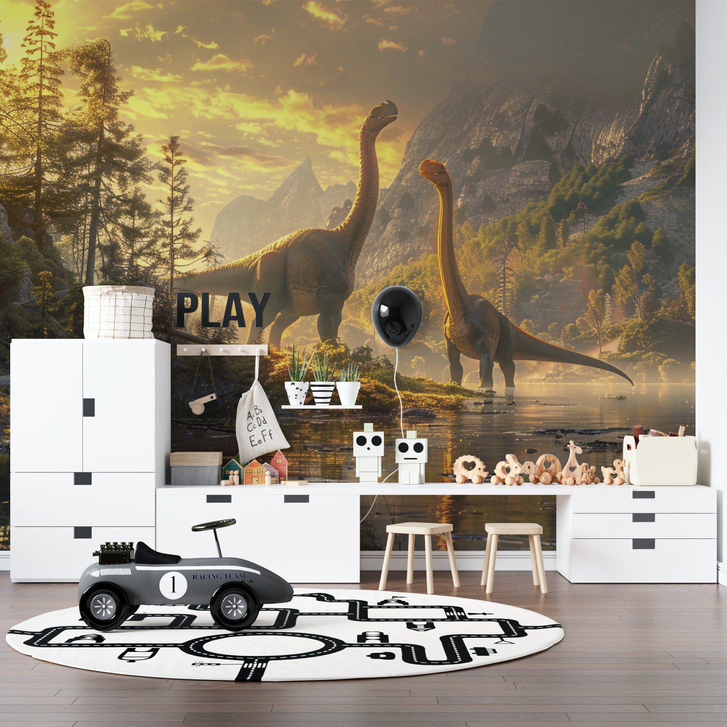Educational dinosaur mural installed in a school library corner