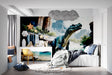 Dinosaur landscape wallpaper bringing prehistoric adventure to a modern kids bedroom with T-Rex and waterfall