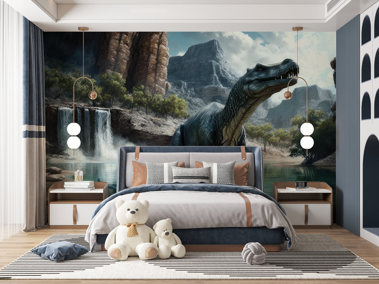 T-Rex wall mural creating drama in a playroom with mountain and waterfall scene