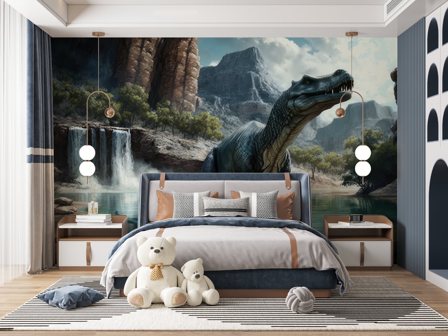 T-Rex wall mural creating drama in a playroom with mountain and waterfall scene
