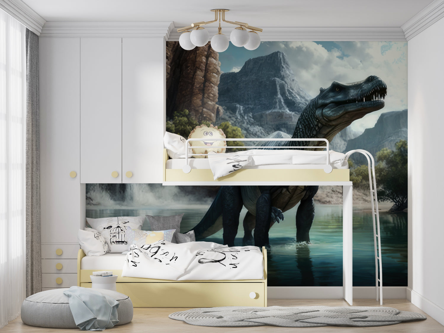 Prehistoric wallpaper transforming a study area with dramatic mountain landscape
