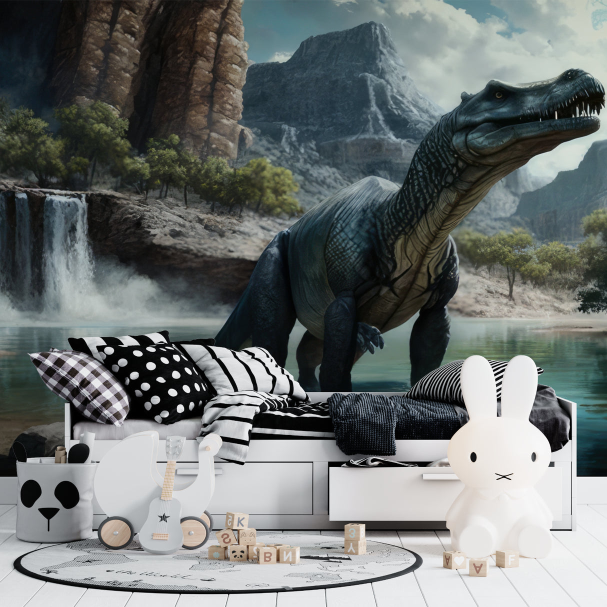 Dinosaur mural displayed in living room showing scale of waterfall and mountains