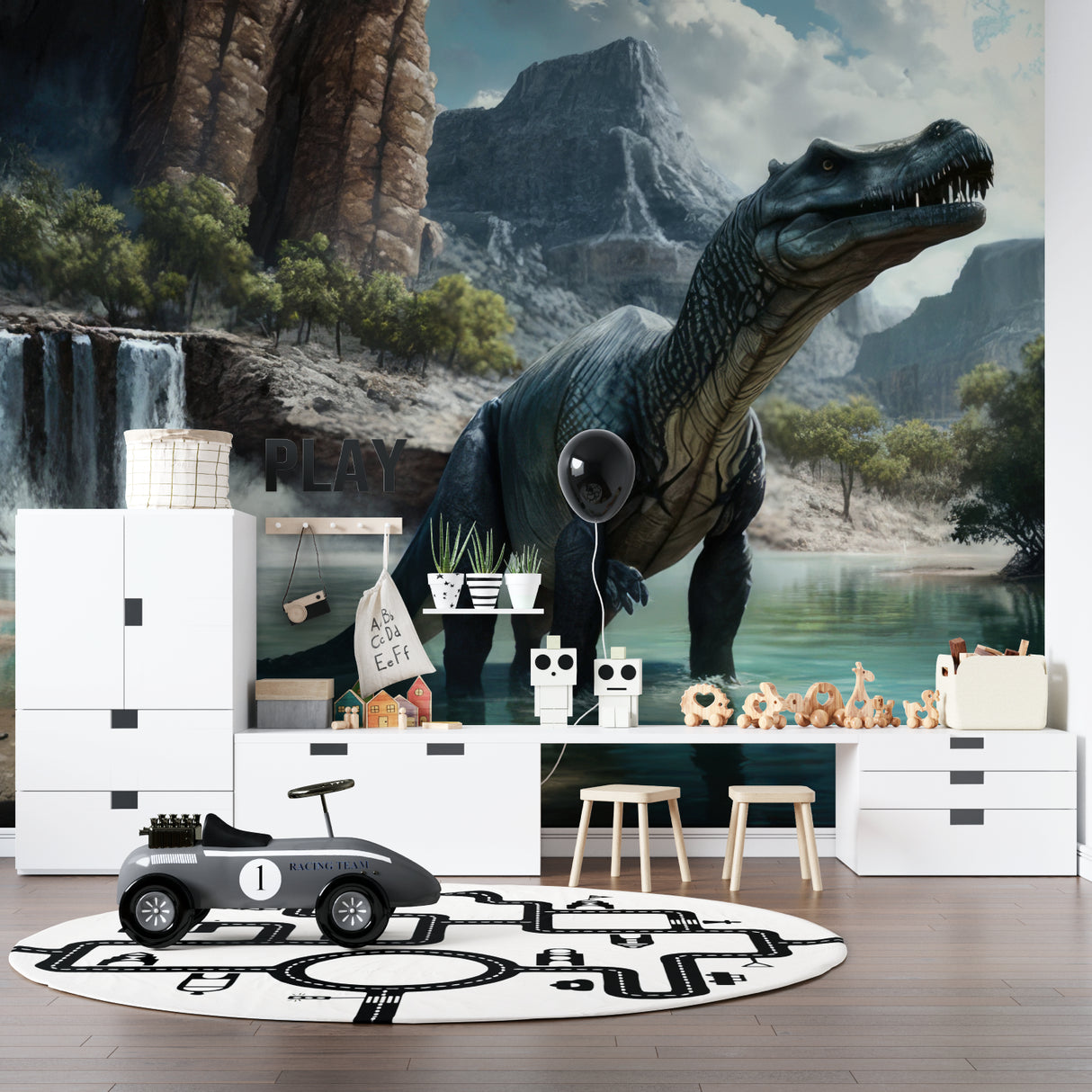 T-Rex wall design in gaming room with dramatic waterfall backdrop