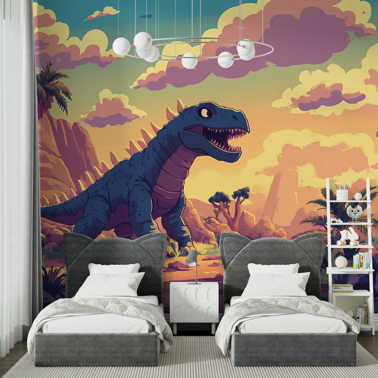Dinosaur wall mural bringing prehistoric adventure to a modern kids bedroom with warm sunset colors