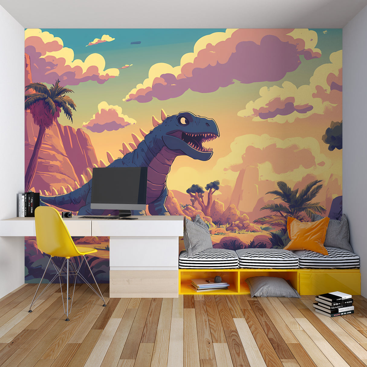 T-Rex wallpaper mural showcased in a playful playroom setting with matching decor
