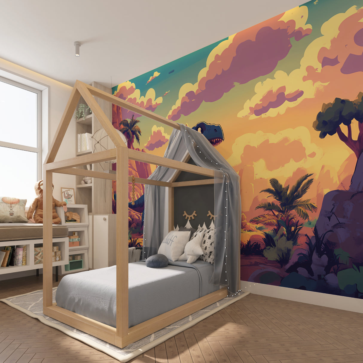 Prehistoric dinosaur mural installed in a cozy reading nook with soft lighting