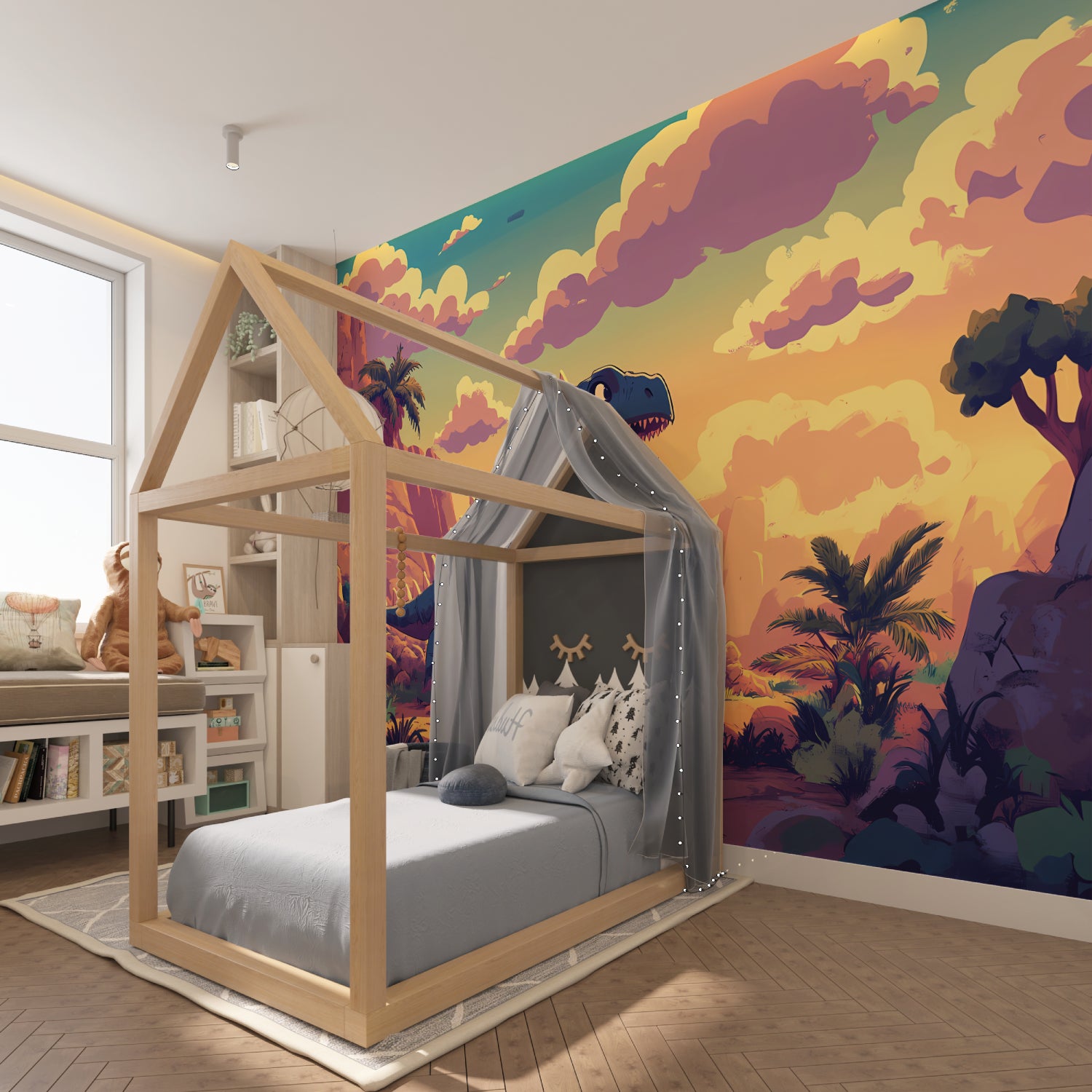 Prehistoric dinosaur mural installed in a cozy reading nook with soft lighting