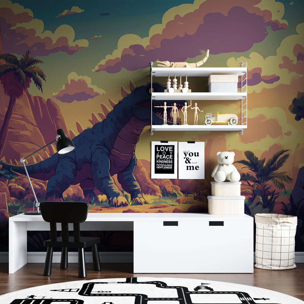 Sunset dinosaur wallpaper creating depth in a small bedroom space