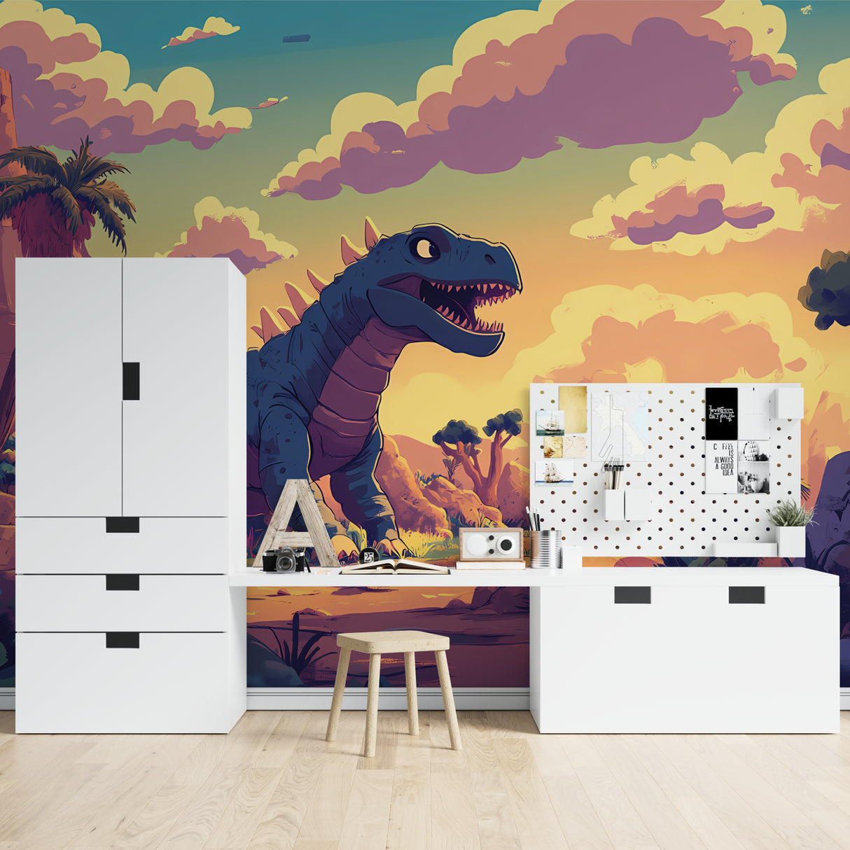 Kids room transformed with T-Rex adventure mural showing scale and impact