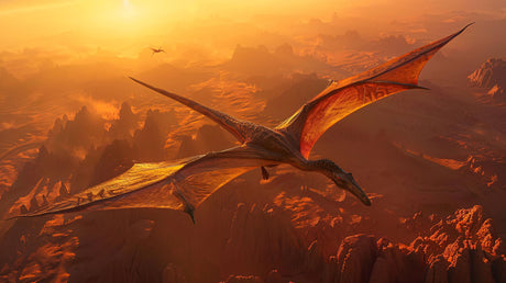 Design file showing detailed pterodactyl soaring through amber sunset sky