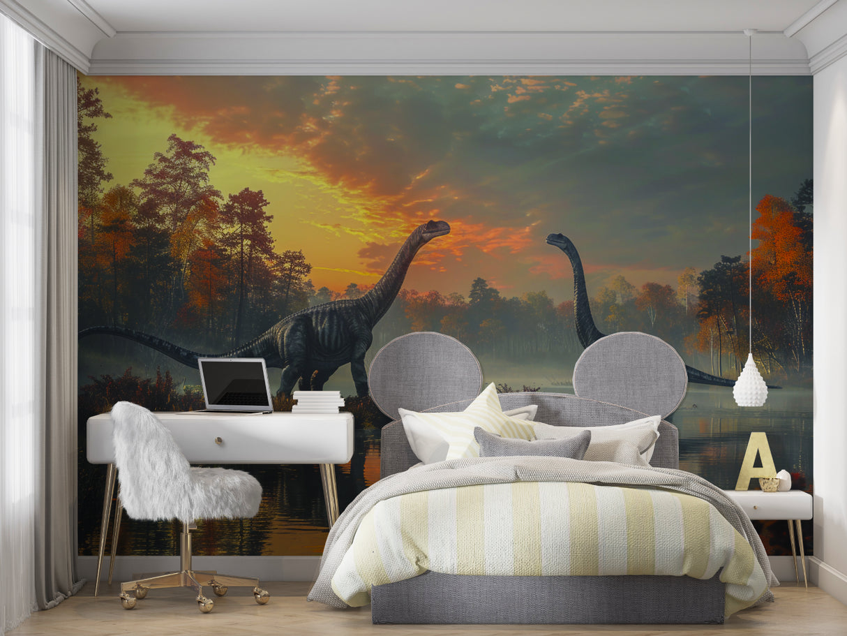 Children's bedroom transformed with prehistoric sunset mural showing gentle Brachiosaurus