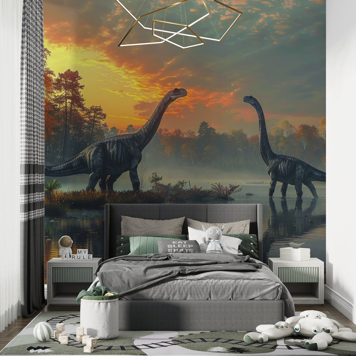 Playroom featuring dinosaur wall mural with dramatic sunset colors and misty atmosphere