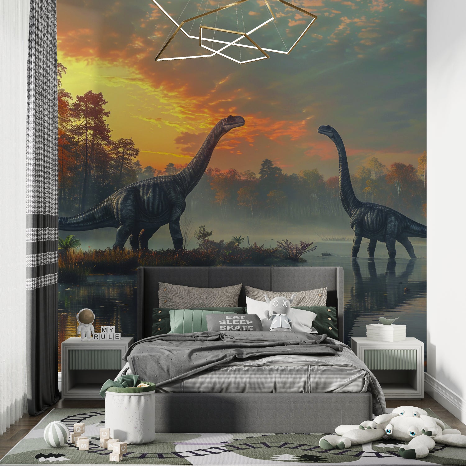 Playroom featuring dinosaur wall mural with dramatic sunset colors and misty atmosphere