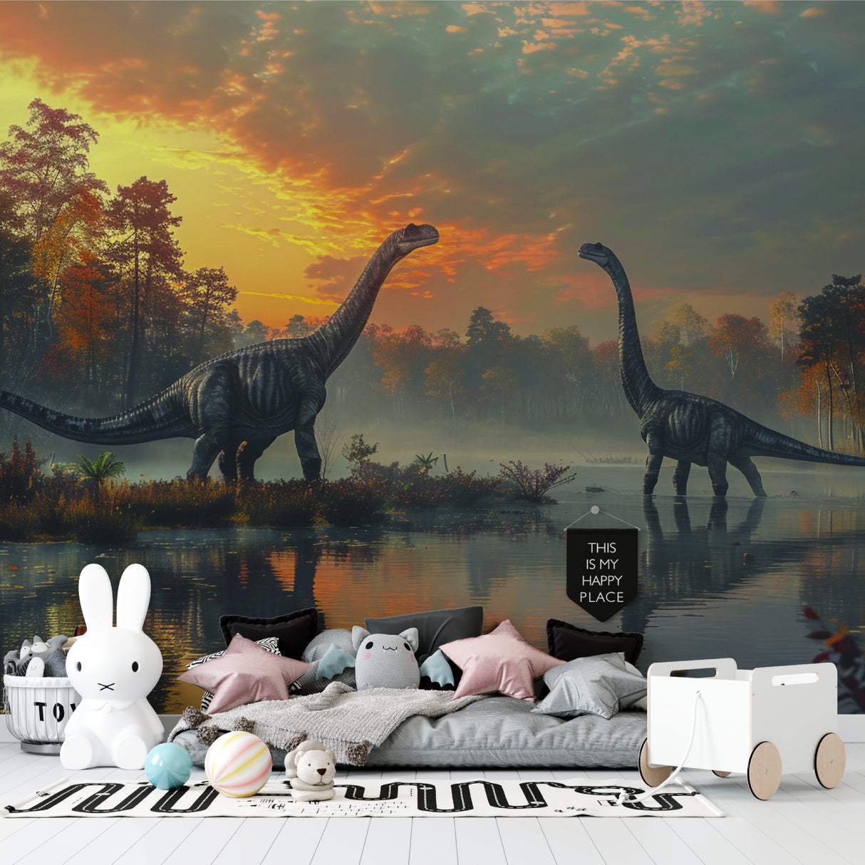 Home office space enhanced by prehistoric landscape wallpaper showing peaceful dinosaur scene