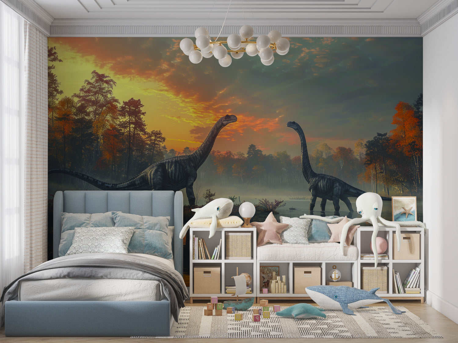 Study area with dinosaur mural creating an inspiring educational environment