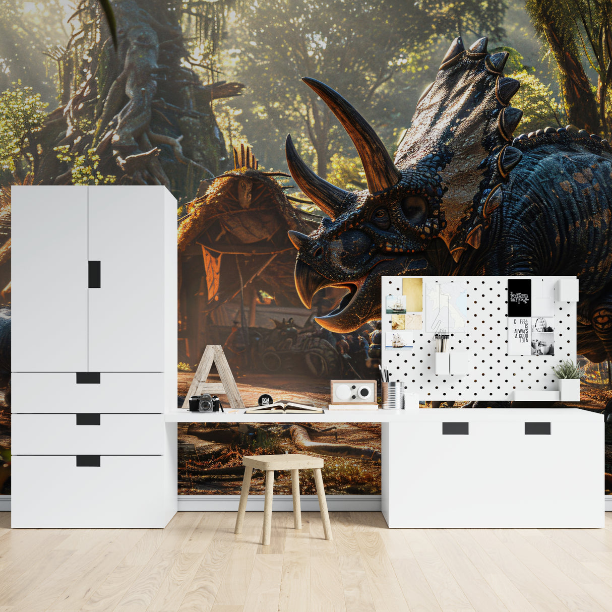 Triceratops forest wallpaper creates magical atmosphere in cozy playroom