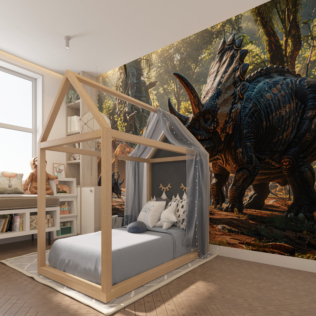Prehistoric dinosaur mural transforms study space with educational wall art