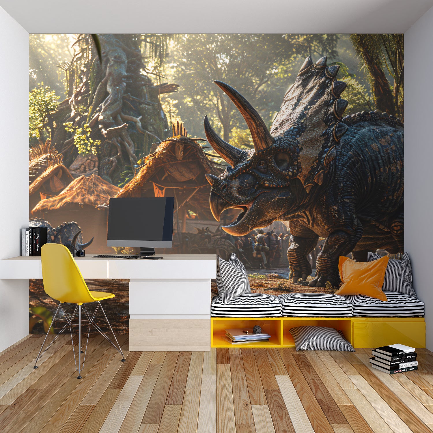 Triceratops wall mural adds adventure to nursery with forest background