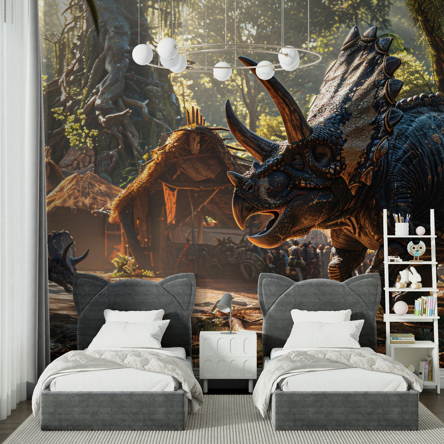 Dinosaur themed wallpaper brings golden forest scene to life in game room