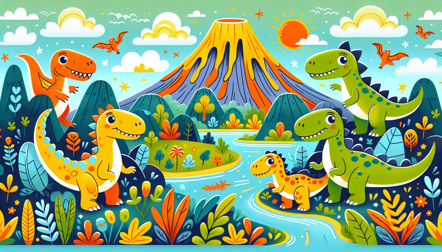 Design file of dinosaur wallpaper pattern showing detailed prehistoric scene with cheerful dinosaurs and volcano