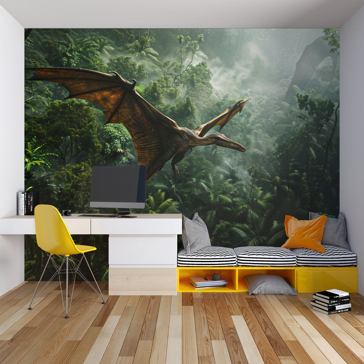 Dinosaur wall mural showcased in a playroom with educational toys and green details