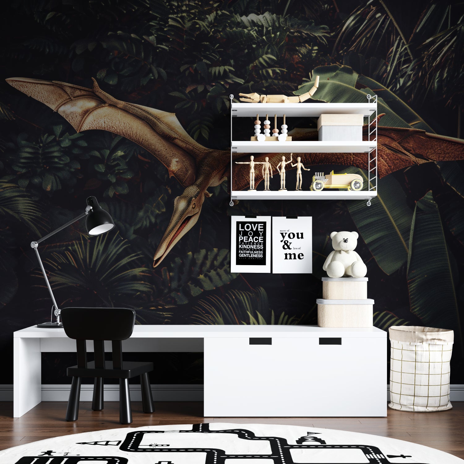 Prehistoric wallpaper design showcased in a teen bedroom with modern furniture
