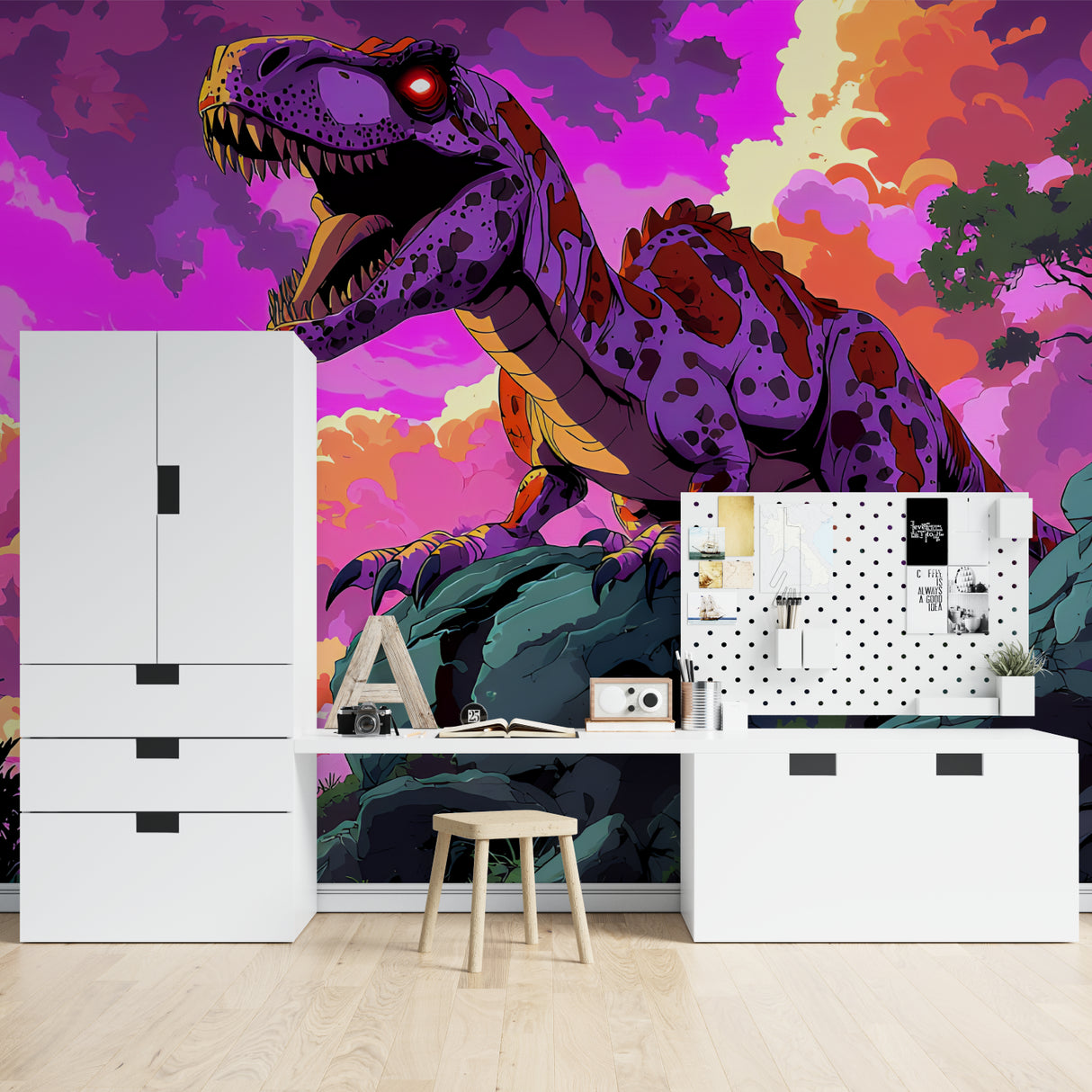 Purple Cyber Punk T-Rex wallpaper in modern gaming room with LED lighting setup