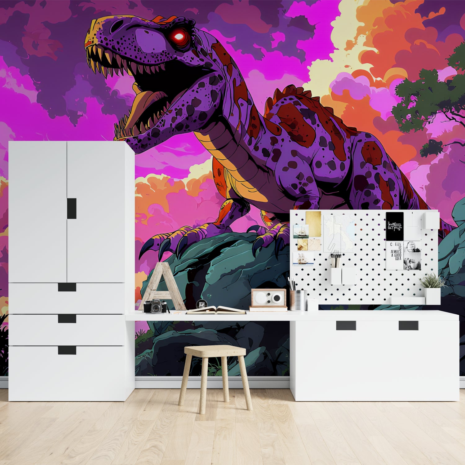 Purple Cyber Punk T-Rex wallpaper in modern gaming room with LED lighting setup