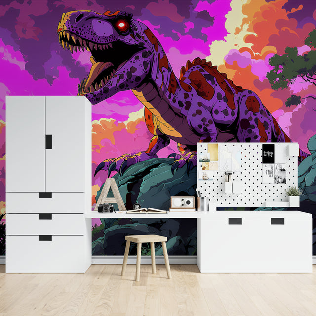 Purple Cyber Punk T-Rex wallpaper in modern gaming room with LED lighting setup