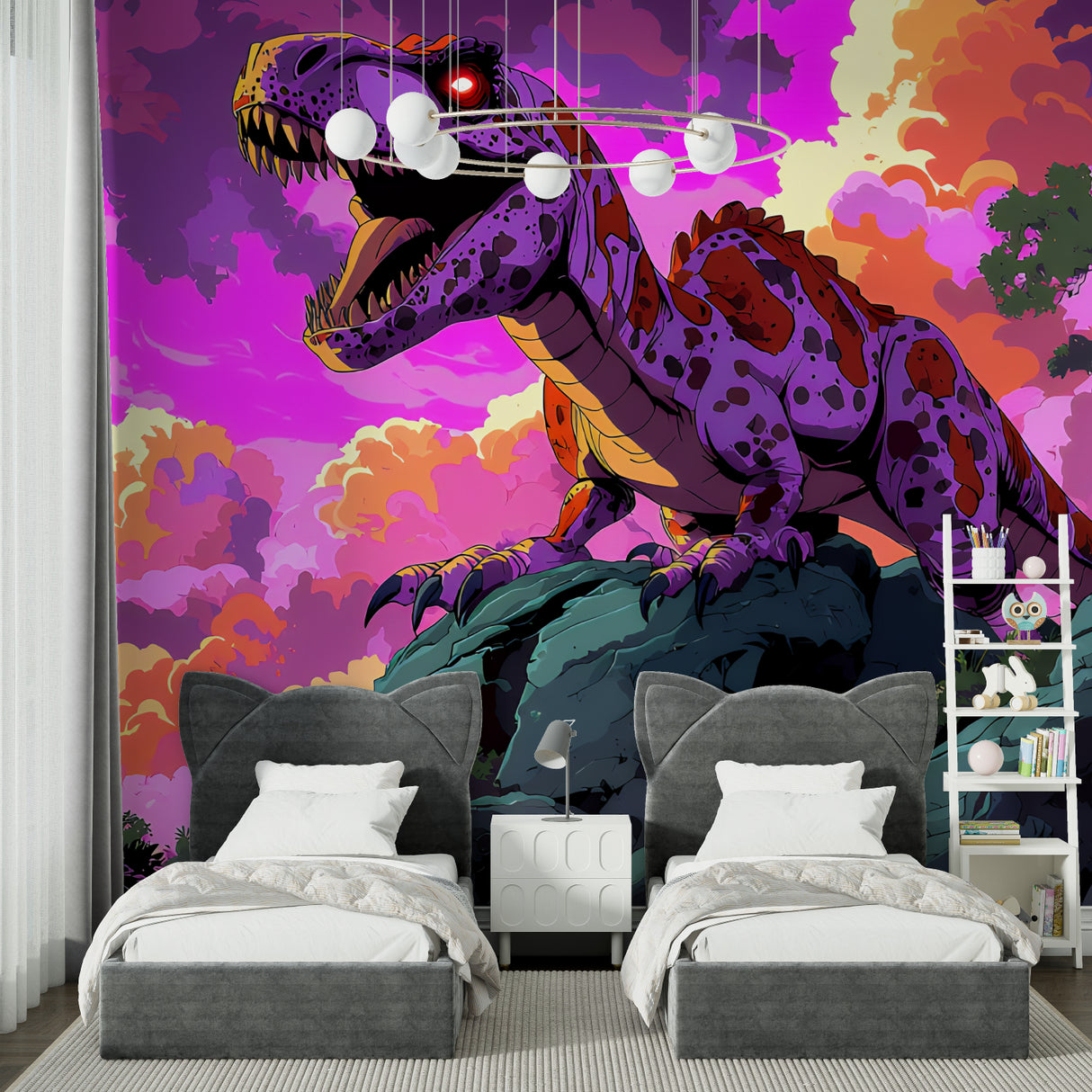 Neon dinosaur wallpaper brightening up a teen bedroom with gaming setup
